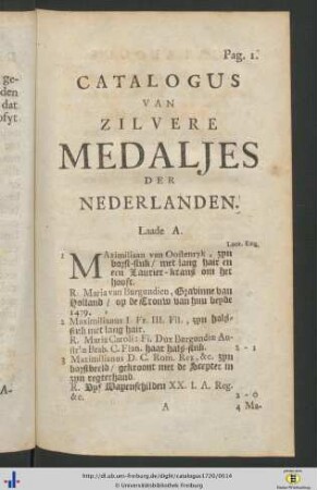 Catalogus Van Zilvere Medaljes Der Nederlanden.