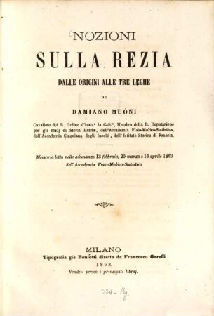Nozioni sulla Rezia dalle origini alle tre leghe