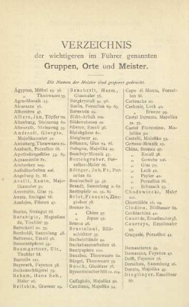 Verzeichnis der wichtigeren im Führer genannten Gruppen, Orte und Meister