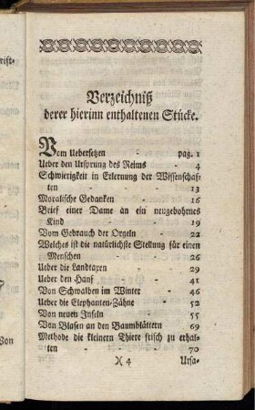 Verzeichnis derer hierinn enthaltenen Stücke.
