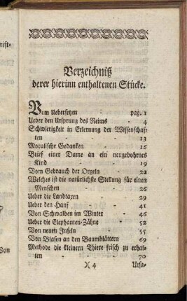 Verzeichnis derer hierinn enthaltenen Stücke.