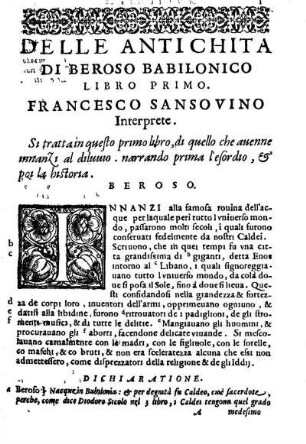 Delle Antichita Di Beroso Babilonico Libro Primo.