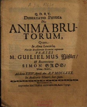 Dissertatio Physica De Anima Brutorum