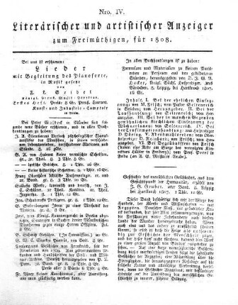 Nro. IV., Literarischer und artistischer Anzeiger zum Freimüthigen, für 1808