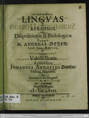 Linguas en archaismō vice disquisitionis II. philologicae