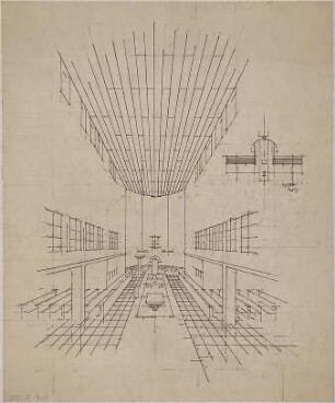 Döllgast, Hans; München; Basilika St. Bonifaz, Umplanung - Innenraumperspektive; Grundriss; Schnitt