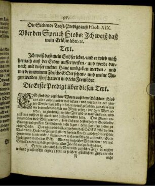 Die Siebende Trost-Predigt auß Hiob. XIX. Vber den Spruch Hiobs: Ich weiß daß mein Erlöser lebet/ u.