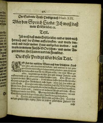 Die Siebende Trost-Predigt auß Hiob. XIX. Vber den Spruch Hiobs: Ich weiß daß mein Erlöser lebet/ u.