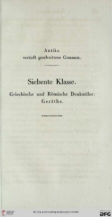 Siebente Klasse. Griechische und Römische Denkmäler: Geräthe