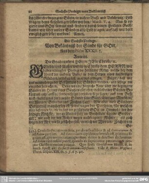 Die Sechste Predigt. Von Bekäntnüß der Sünde für GOtt