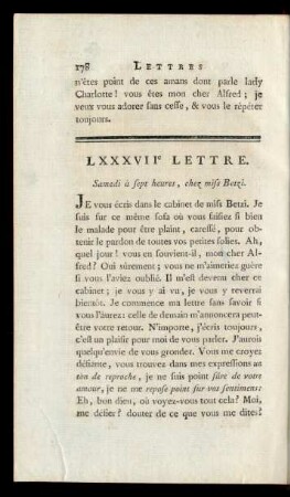 LXXXVIIe Lettre. samedi à sept heures, chez miss Betzi.