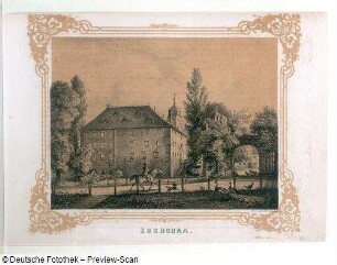 Zschorna, Buchdruck; 24,4 x 35 cm (Blattgröße). Aus: Poenicke, G.A., Heise, F.: Album der Rittergüter und Schlösser im Königreiche Sachsen, Meissner Kreis. Leipzig: Expedition des Albums Sächsischer Rittergüter und Schlösser, ca. 1856. Dresden: SLUB Hist.Sax.H.3.m-2