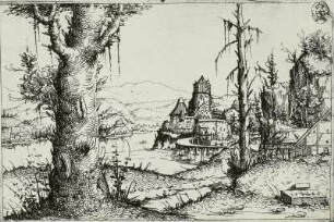 Landschaft mit Baum, Fluß und Bergen