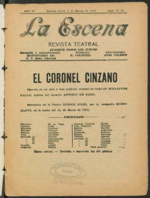 El coronel Cinzano : opereta en un acto y tres cuadros