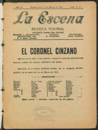 El coronel Cinzano : opereta en un acto y tres cuadros