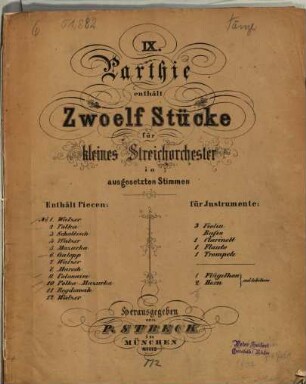 IX. Parthie : enth. 12 Stücke für kleines Streichorch. in ausgesetzten Stimmen Nr. 113 ; [op. 313]