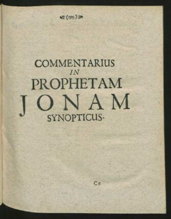 Commentarius In Prophetam Jonam Synopticus.