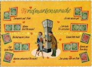 Postkarte zum Thema "Briefmarkensprache"