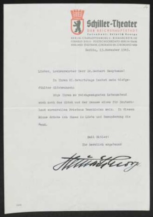 Brief von Heinrich George von Schiller-Theater  an Gerhart Hauptmann