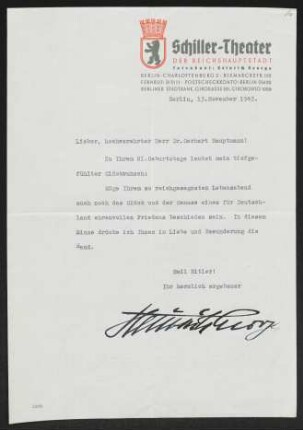 Brief von Heinrich George von Schiller-Theater <Berlin> an Gerhart Hauptmann