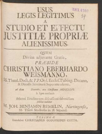 Usus Legis Legitimus A Studio Et Effectu Iustitiæ Propriæ Alienissimus