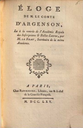 Éloge de M. le Comte d'Argenson