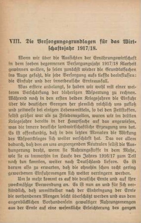 VIII. Die Versorgungsgrundlagen für das Wirtschaftsjahr 1917/18.