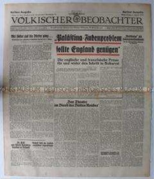 Tageszeitung "Völkischer Beobachter" u.a. über Antisemitismus in Rumänien und die Rolle des Theaters im nationalsozialistischen Deutschland