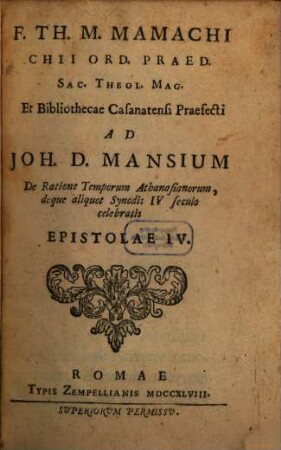 Epistolae IV ad Joh. D. Mansium de rat. temp. Athanasian