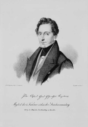 Hohenthal, Peter Alfred, Graf, Abgeordneter : Lutherer, Carl (Hersteller): Hohenthal-Königsbrück, Peter Alfred Graf von (Abgeordneter). Lithographie; 210 x 150 mm, 1834. Dresden: Kupferstich-Kabinett A, 4 (INT XVI-XX, A in B-Bänden) in B 1605,2