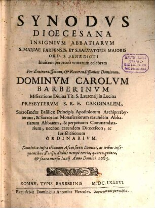 Synodus dioecesana insignium abbatiarum S. Mariae Farfensis, 1685 celebrata
