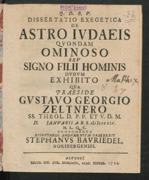 Dissertatio Exegetica De Astro Iudaeis Quondam Ominoso Seu Signo Filii Hominis Dudum Exhibito