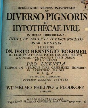 Dissertatio Ivridica Inavgvralis De Diverso Pignoris Et Hypothecae Ivre