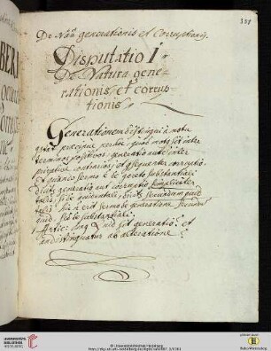 Disputatio I De Natura generationis, et corruptionis