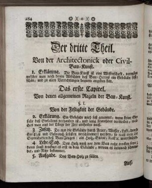 Der dritte Theil. Von der Architectonick oder Civil-Bau-Kunst.