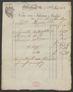 [Rechnung] Nota von Johann André : 28.03.1812