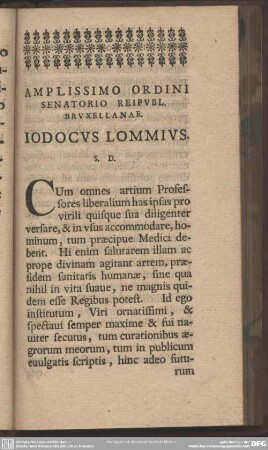 Amplissimo Ordini Senatorio Reipubl. Bruxellanae. Iodocus Lommius. S. D.
