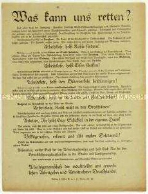 Aufruf der Arbeitsgemeinschaft der industriellen und gewerblichen Arbeitgeber und Arbeitnehmer Deutschlands zur Arbeit im Zuge der Novemberrevolution