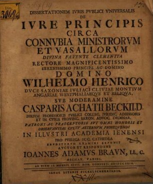 Dissertationem Ivris Pvblici Vniversalis De Ivre Principis Circa Connvbia Ministrorvm Et Vasallorvm