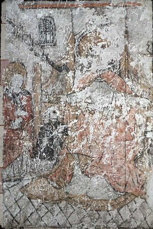 Szene der Jacobus-Legende: der thronende Heilige setzt den Geretteten, einem Vater und seinem Sohn, Kronen auf