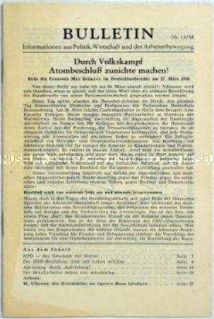 Illegales Informationsblatt der KPD "Bulletin" u.a. mit der Rede des Politikers Max Reimann im Deutschlandsender am 27. März 1958 zur atomaren Aufrüstung der Bundesrepublik