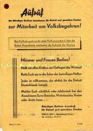 Aufruf des Ständigen Berliner Ausschusses für Einheit und gerechten Frieden zur Mitarbeit beim Volksbegehren 1948