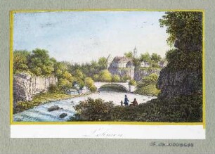Ansicht von Schloss Lohmen, Lithografie, um 1840 : Lohmen. [S.l.], [um 1840]. - 1 Kunstbl. : Lithogr. ; 8,0 x 5,5 cm.