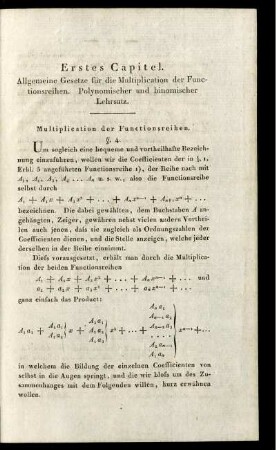 Erstes Capitel. Allgemeine Gesetze für die Multiplication der Functionsreihen. Polynomischer und binomischer Lehrsatz.