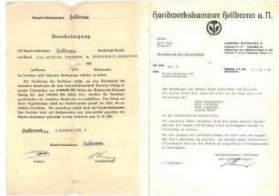 Bescheinigung der Handwerkskammer über ein Darlehen zur Finanzierung von Aktien der Reichswerke Hermann Göring