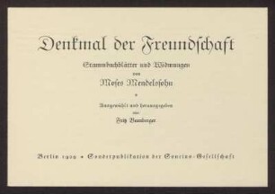 Mitteilung der Soncino-Gesellschaft über die Publikation "Denkmal der Freundschaft. Stammbuchblätter und Widmungen von Moses Mendelssohn", mit beiliegender Bestellpostkarte