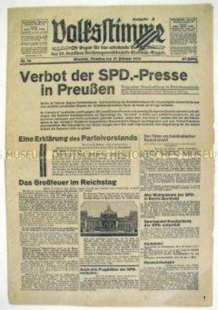 Sozialdemokratischen Tageszeitung "Volksstimme" zum Reichstagsbrand und zum Verbot der SPD-Presse in Preußen