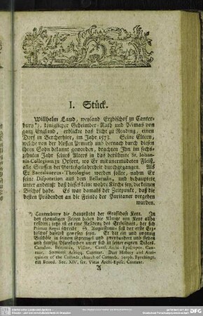 I. Stück. Willhelm Laud, weyland Erzbischof zu Canterbury