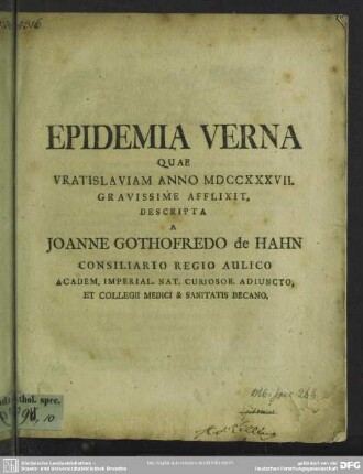 Epidemia Verna Quae Vratislaviam Anno MDCCXXXVII. Gravissime Afflixit