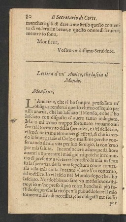 Lettera d' un' Amico, che lascia il Mondo.